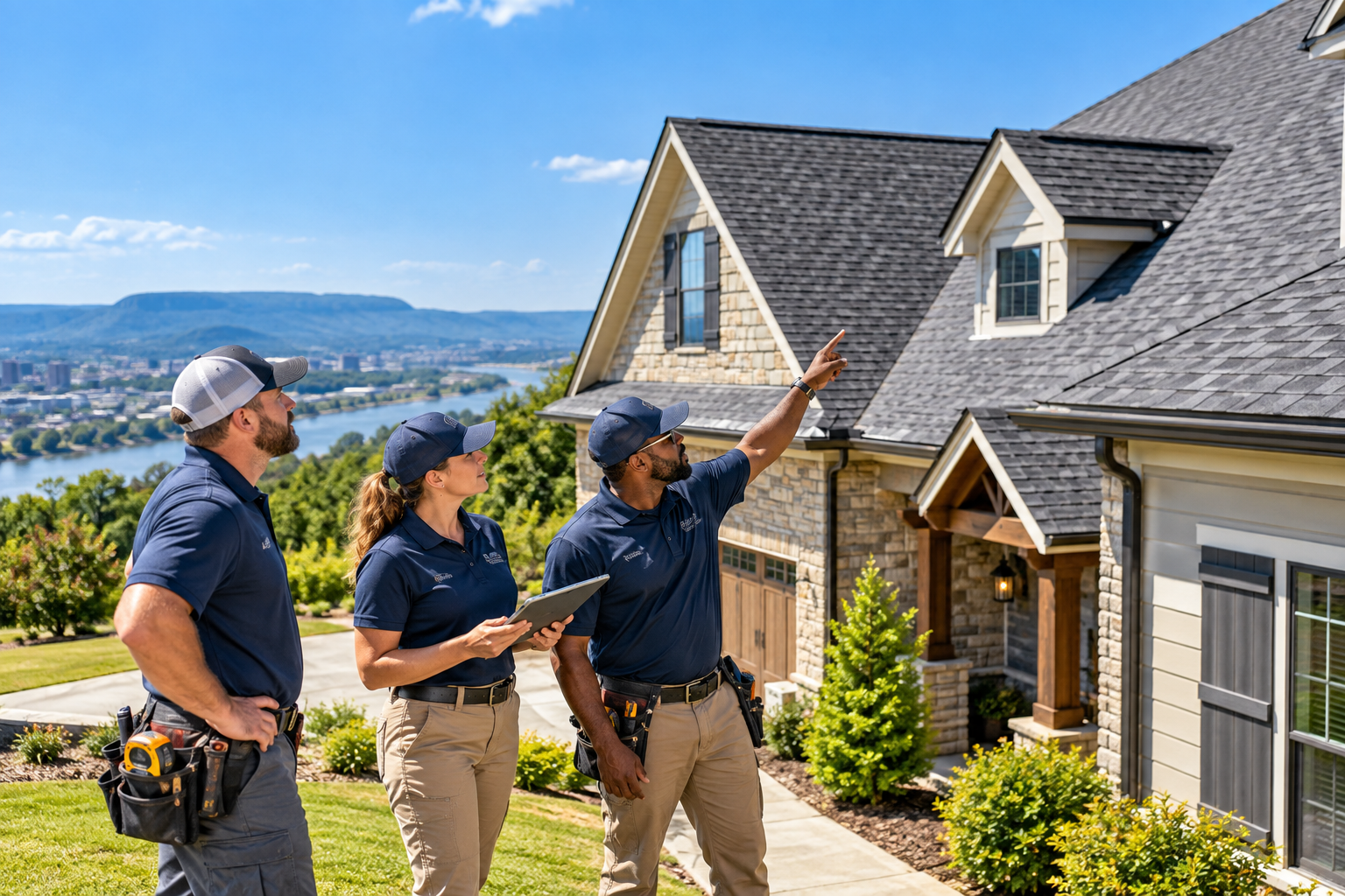Roofing team inspecting a completed residential roof